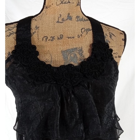 Womens Top Black Sheer Ruffle Tiered Scoop Neck Halter Blouse - Picture 2 of 4